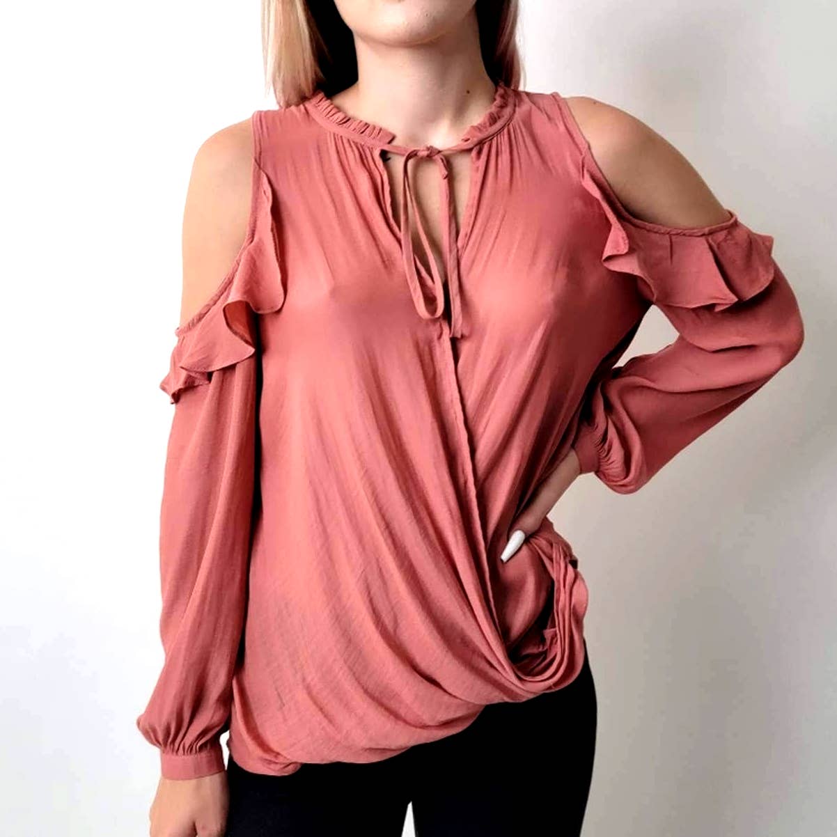 Anthropology Maeve Liesel Salmon Blush Pink Cold Shoulder Top - S