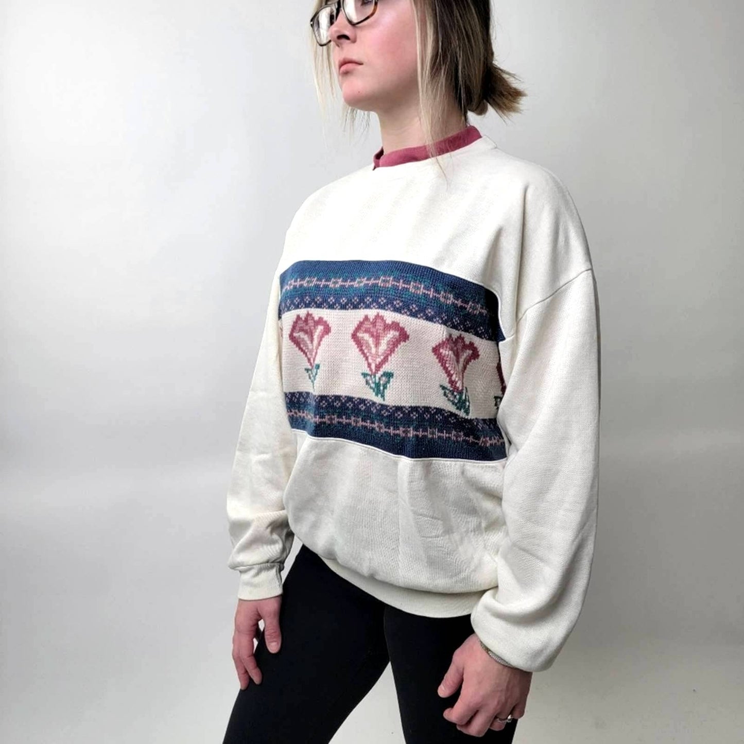 Vintage 90s Floral Cottagecore Chunky Knit Sweatshirt - S