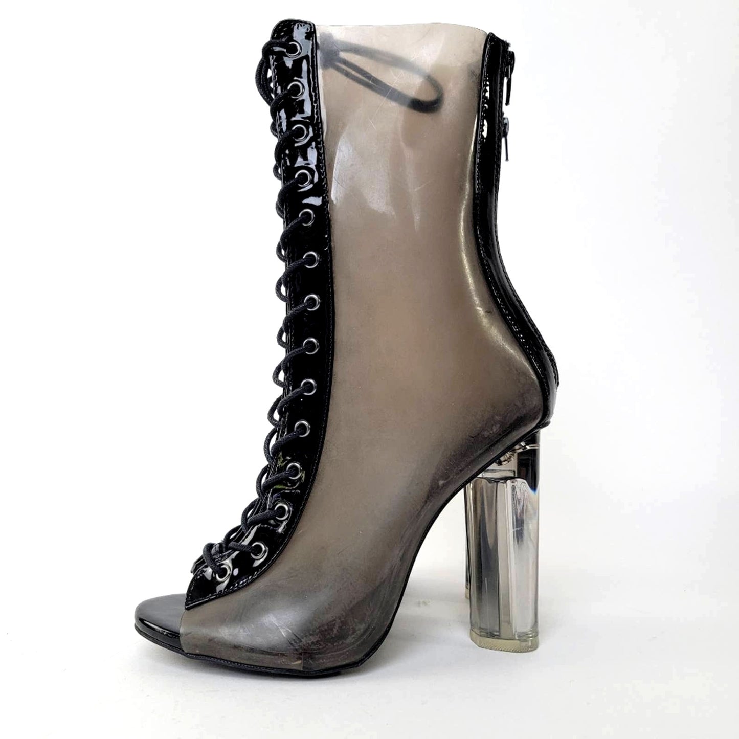 Y2k Wild Diva Clear Chunky Smoke Black Lace Up Heel Boots - 7.5