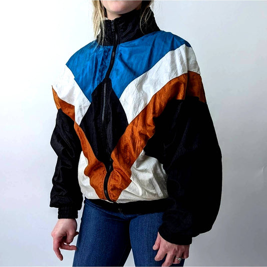 Vintage 90s Jersey Lined Color Block Geometric Track Jacket Windbreaker - M