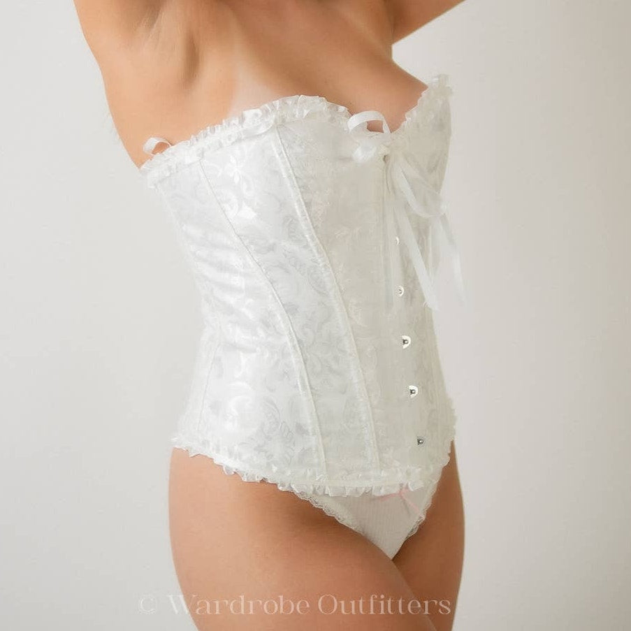 White Lace Up Jacquard Frill Trim Push Up Corset Lingerie