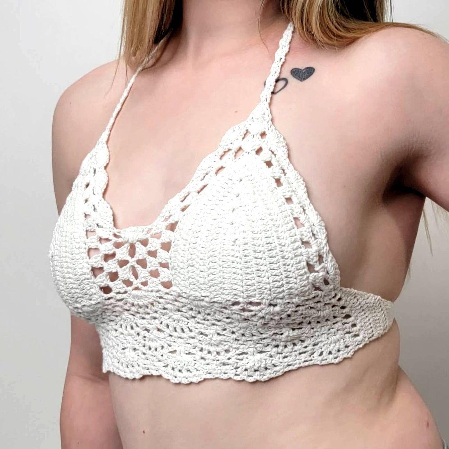 Cream White Crochet Lace Triangle Bralette Halter Top