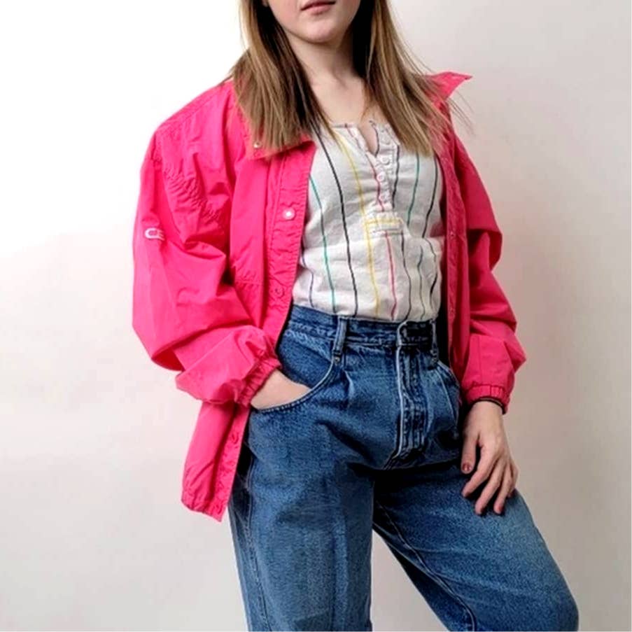 Vintage 1989 Neon Pink Light Bomber Track Jacket