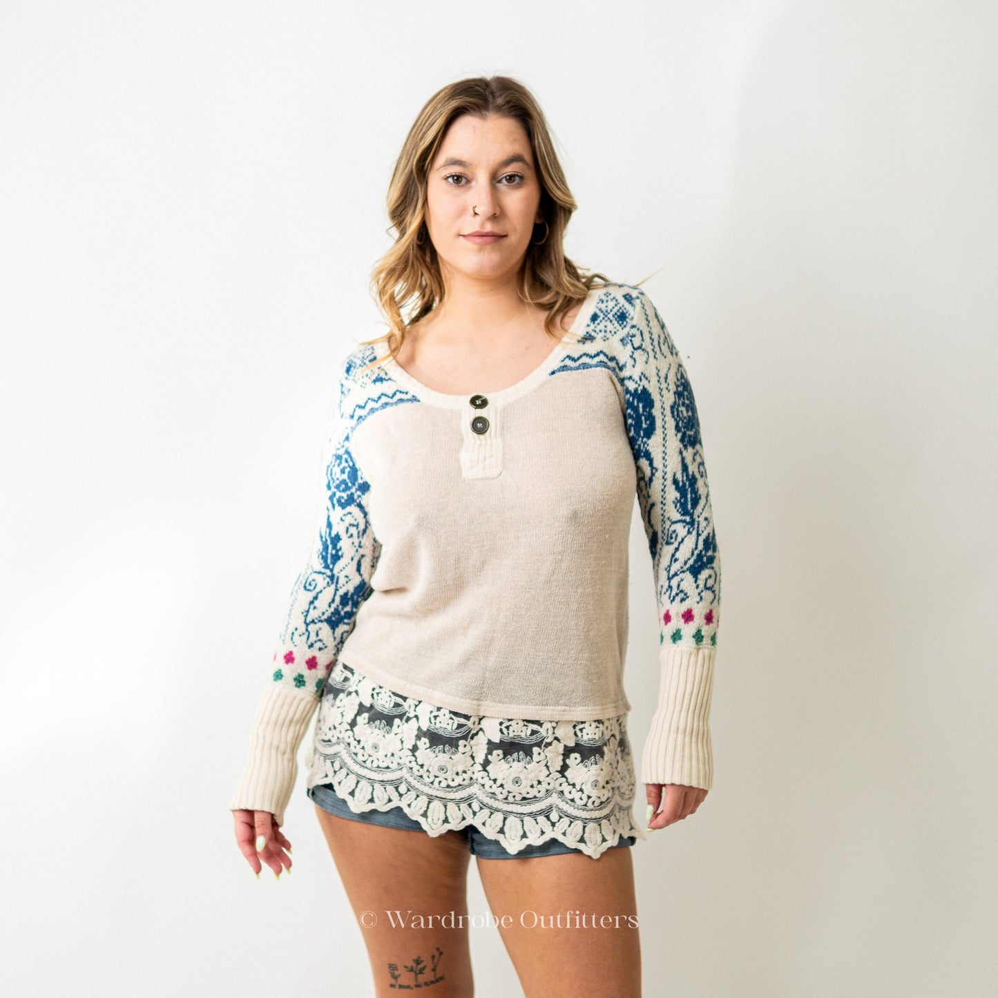 Free People Frilly Lace Long Sleeve Print Sweater