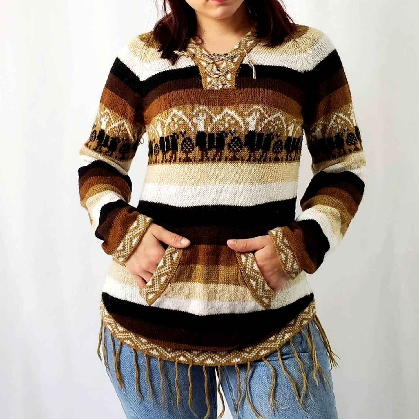 Vintage 70's Striped Alpaca Fringe Sweater - M