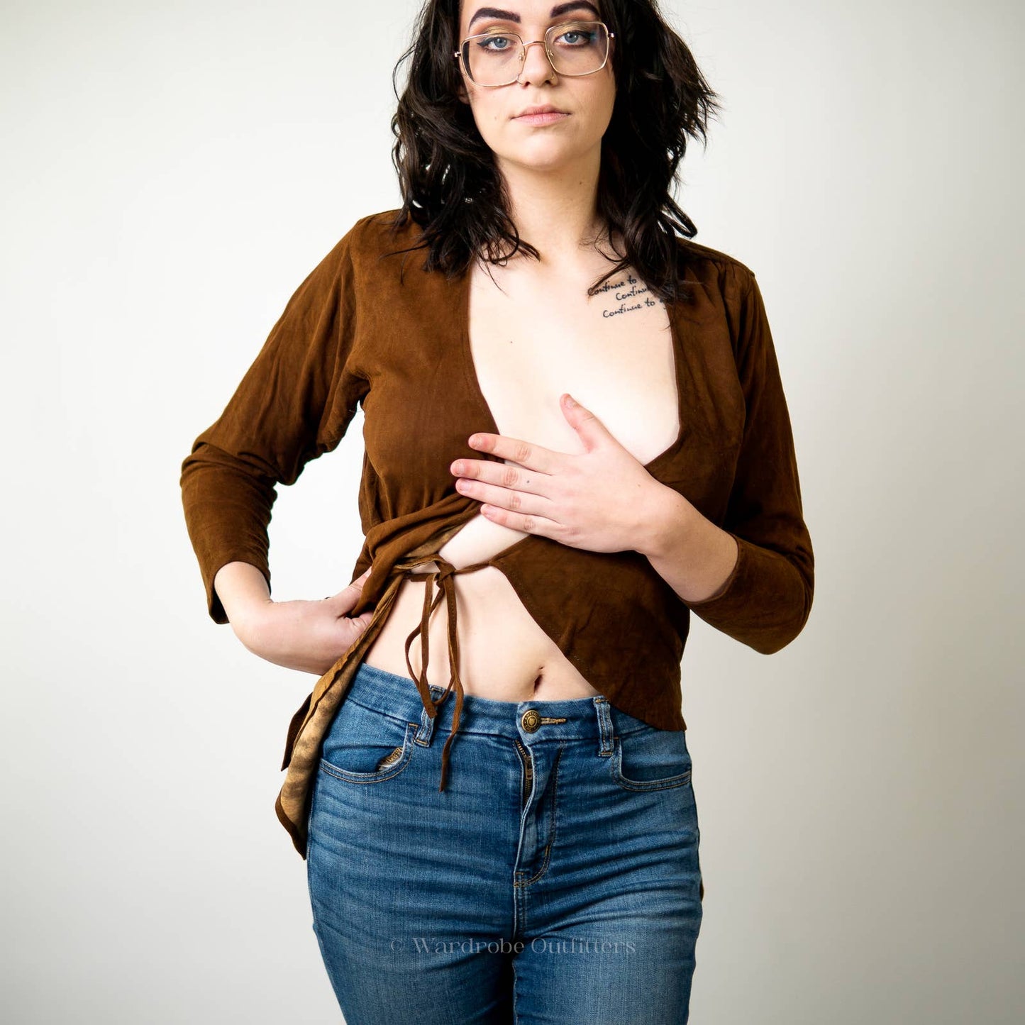 Vintage Leather Long Sleeve Wrapped Halter Blouse Top