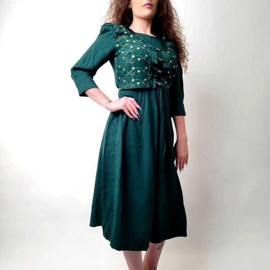 Vintage German Cottagecore Embroidered Emerald Plaid Dress