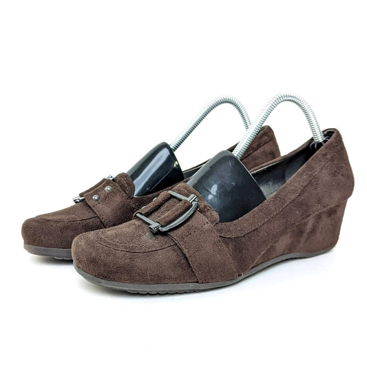 Marc Fisher Brown Suede Leather Mary Jane Buckle Loafer Wedges - 10