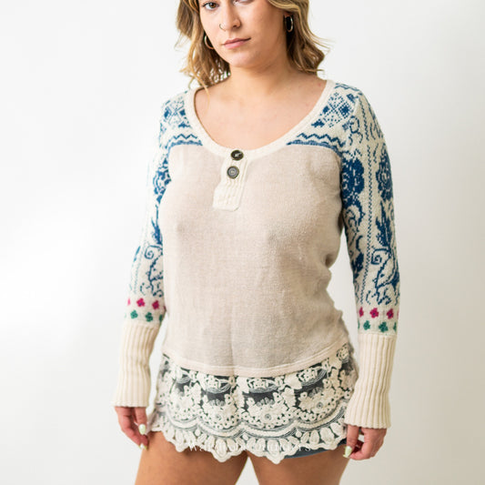 Free People Frilly Lace Long Sleeve Print Sweater