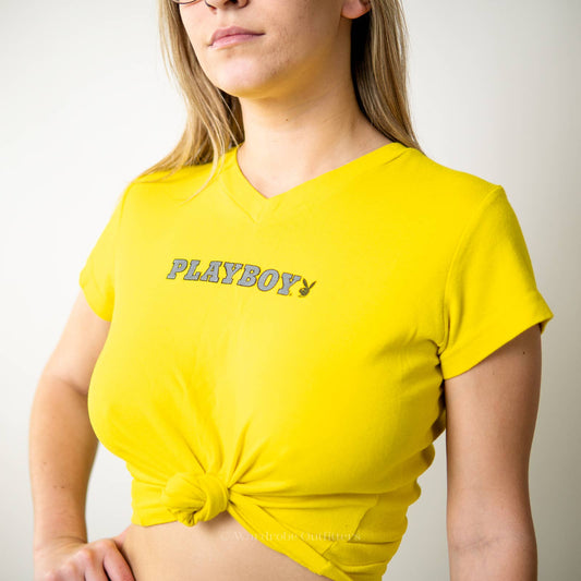 Y2K Playboy Bright Yellow Crop Top Tee Shirt - M