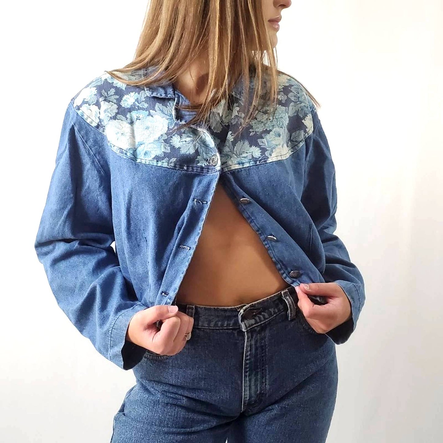 Vintage 90s Floral Western Cropped Denim Shacket Shirt