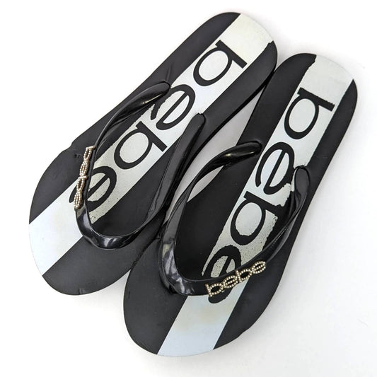 bebe Black & White Rhinestone Flip Flop Sandal Slides