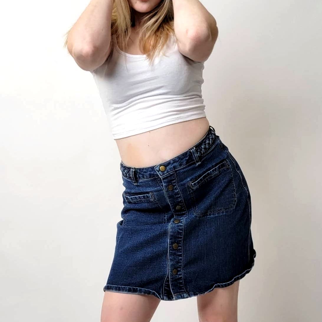 Harper Braided Button Up Denim Jean Midi Skirt - M