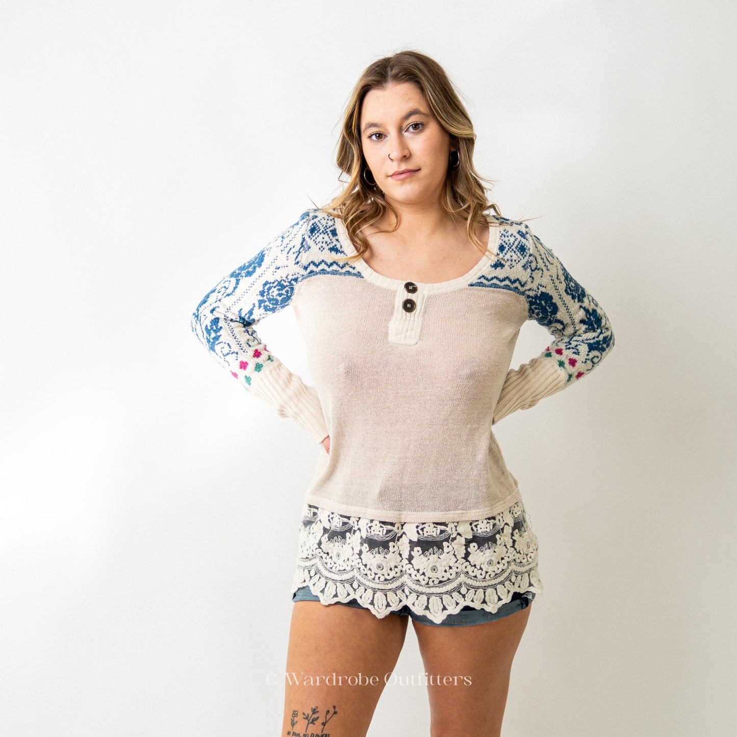 Free People Frilly Lace Long Sleeve Print Sweater