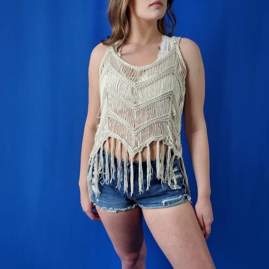 Cream Crochet Tassel Cover Up - M