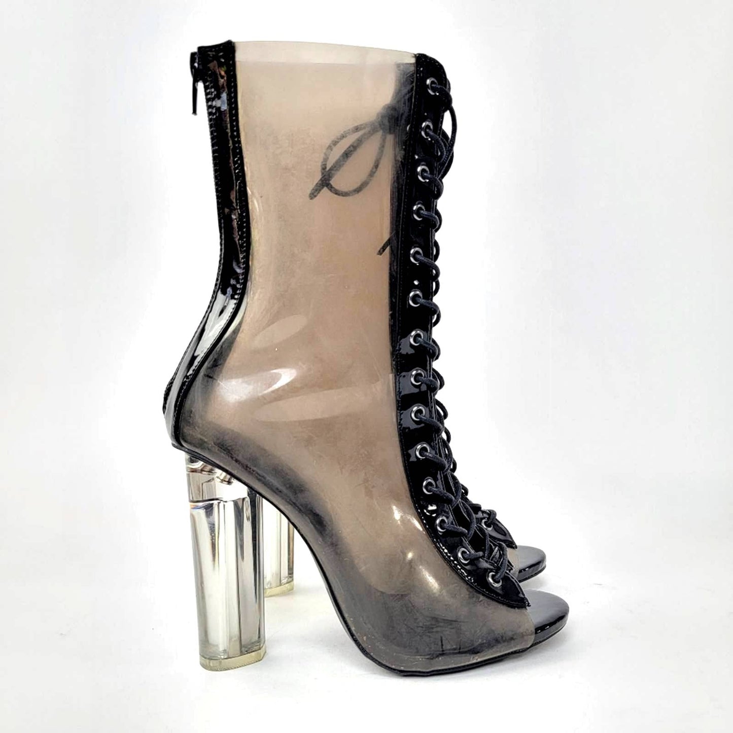 Y2k Wild Diva Clear Chunky Smoke Black Lace Up Heel Boots - 7.5