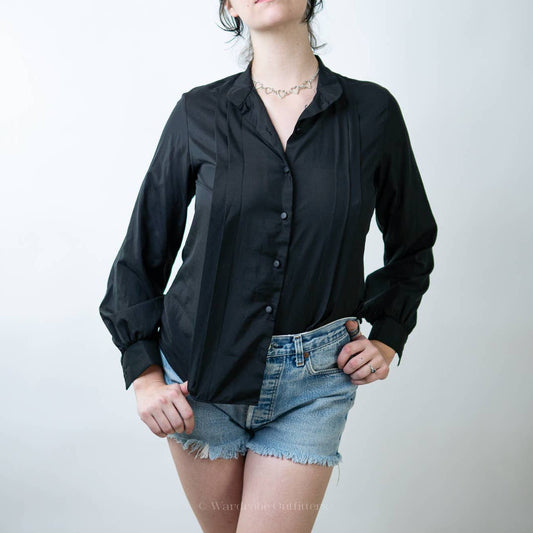 Vintage 90s Sheer Black Pleated Button Down Blouse