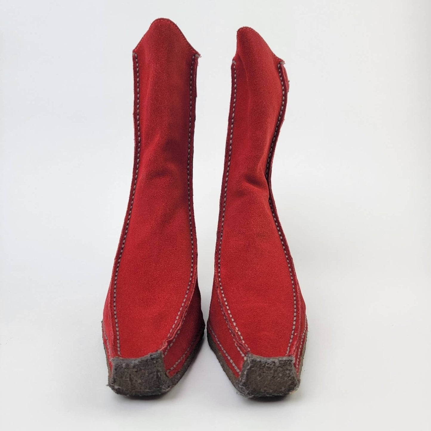 BRONX Red Suede Leather Slip On Snipped Toe Chelsea Wedge Boots - 9