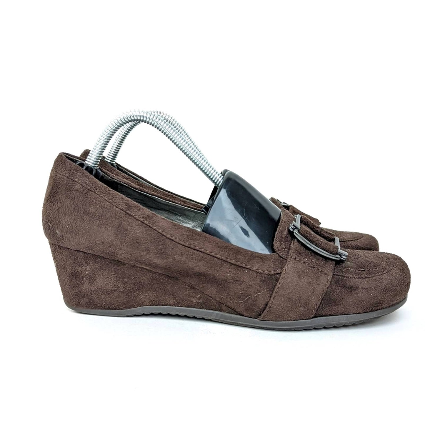 Marc Fisher Brown Suede Leather Mary Jane Buckle Loafer Wedges - 10