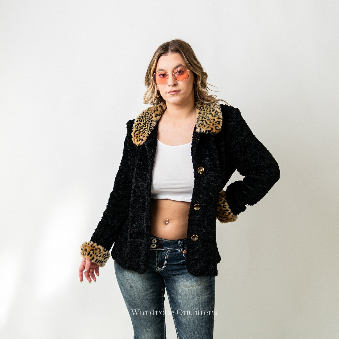 Vintage Y2K 90s  Black Chenille Cardigan with Faux Fur Collar and Cuffs