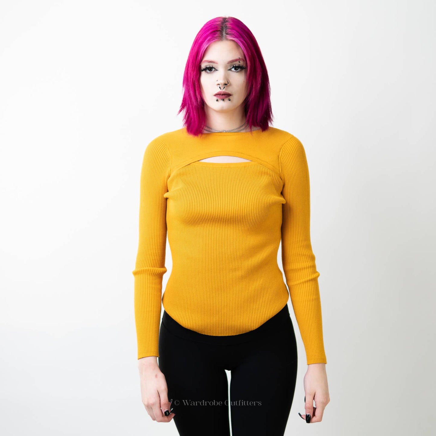 Fall Yellow Ribbed Long Sleeve Smocked Crewneck Sweater - L