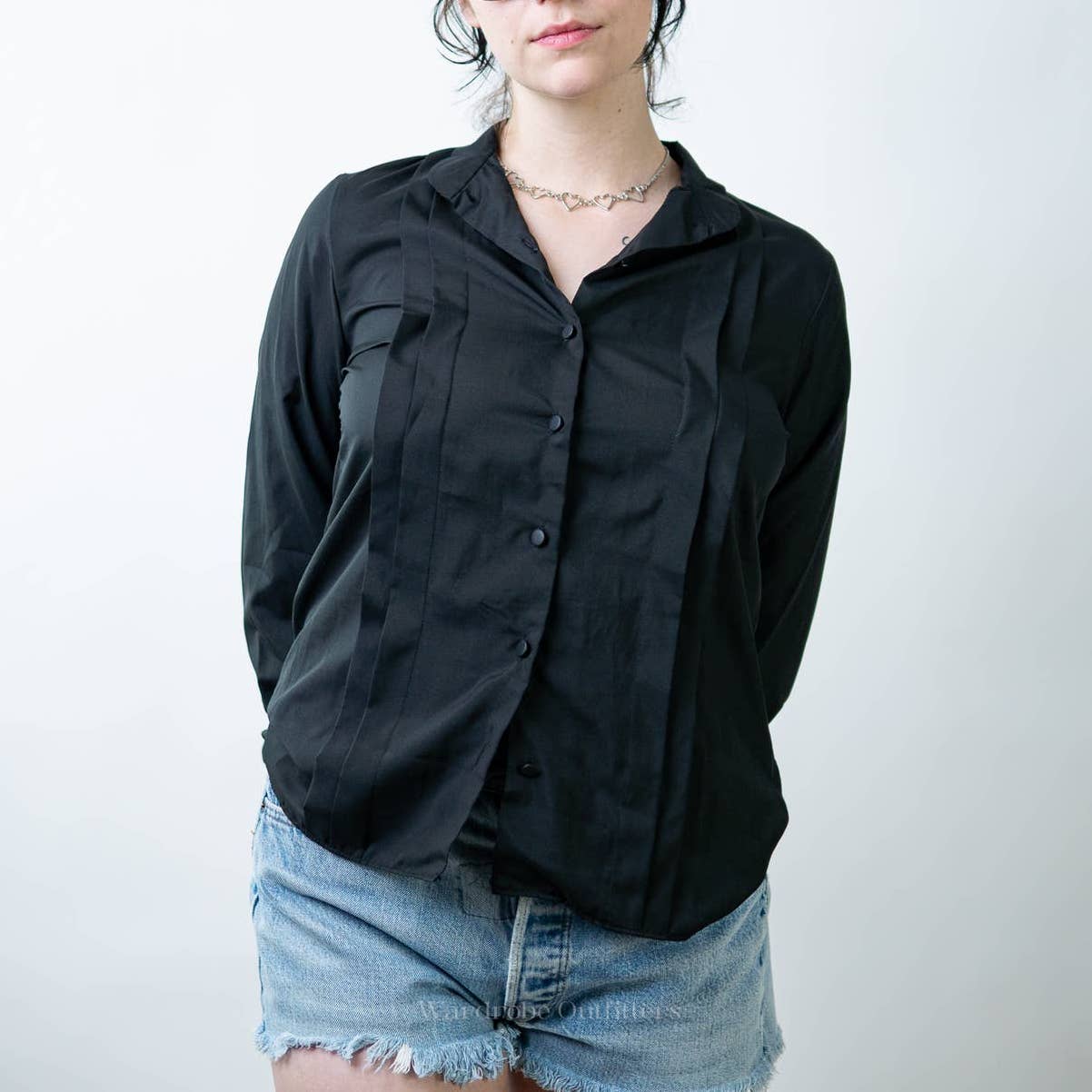 Vintage 90s Sheer Black Pleated Button Down Blouse