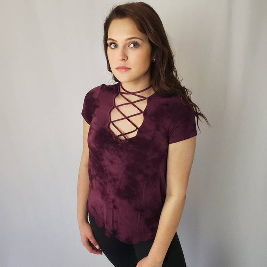 American Eagle Outfitters Burgundy Tie Die Criss Cross Halter Tee - S