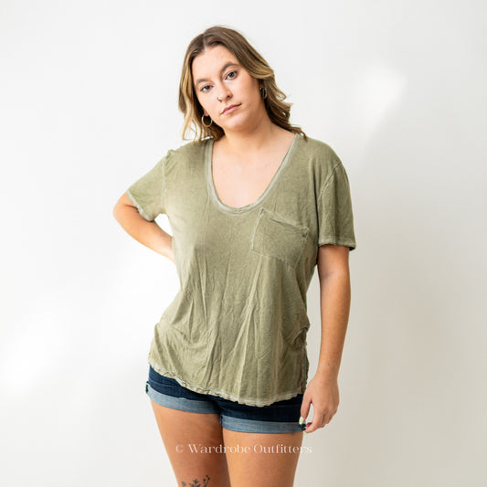 Free People Olive Green Paper Low Cut Crew Neck Tee Shirt