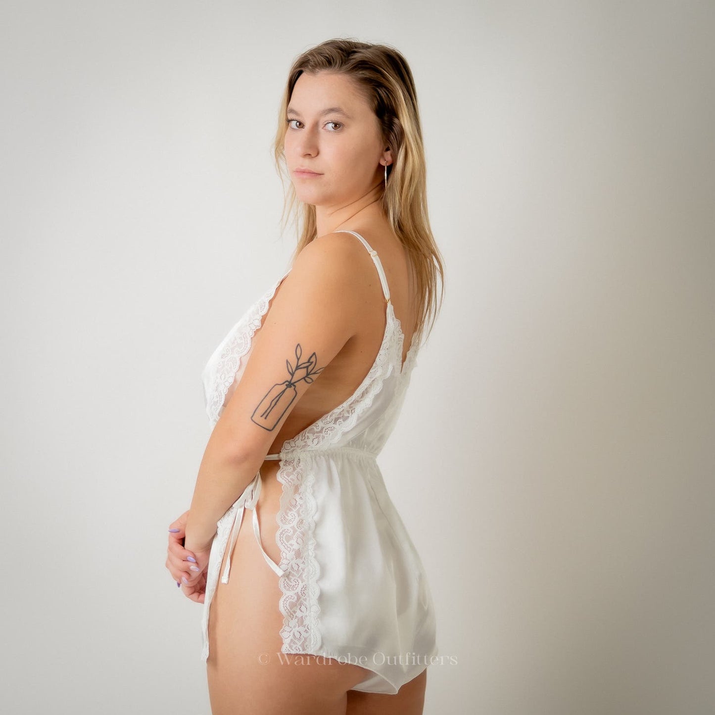 White Satin & Lace Trim Split Thigh Satin Cami Romper Lingerie