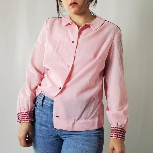 Vintage 70s Fritzi Of Cali Pink Embroidered Blouse - S