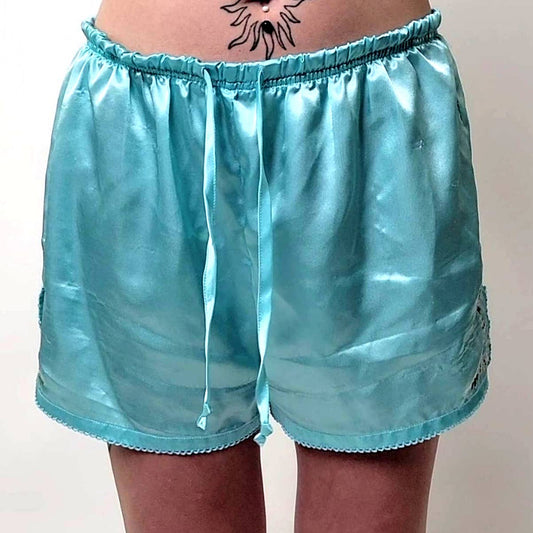 Baby Blue Silky Embroidered Pajama Shorts - M