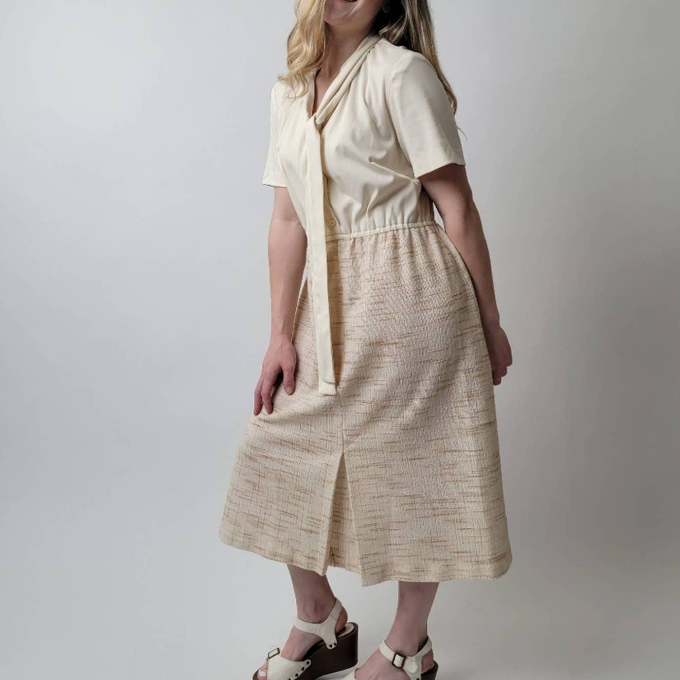 Vintage 60s Creamy Twill Midi Mod Dress