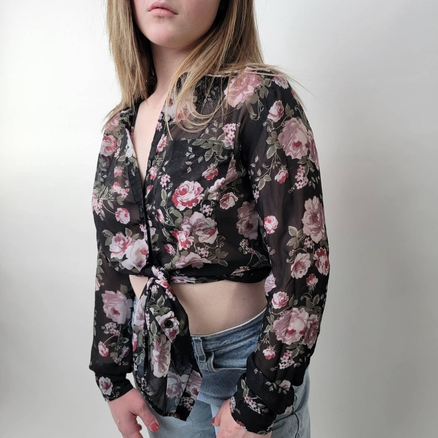 Pastel Black & Pink Floral Mesh Tie Front Coverup Blouse - S