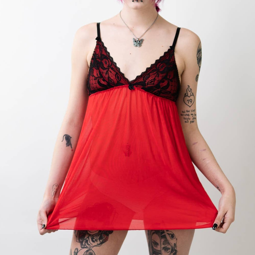 Tart Noir Lingerie Red Lace Babydoll Chemis Dress Gown