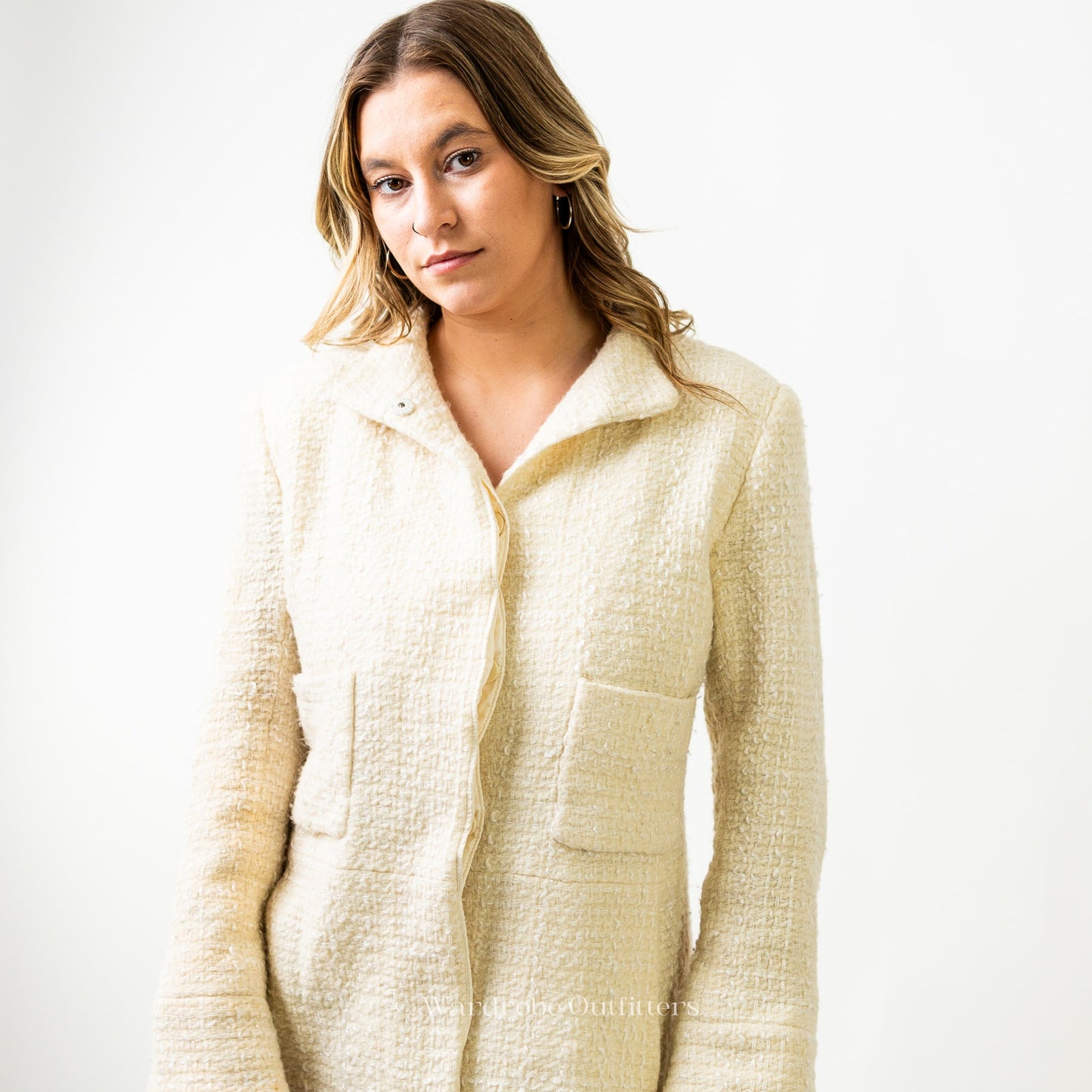 Oscar De La Renta White Wool Blend Pea Coat Jacket