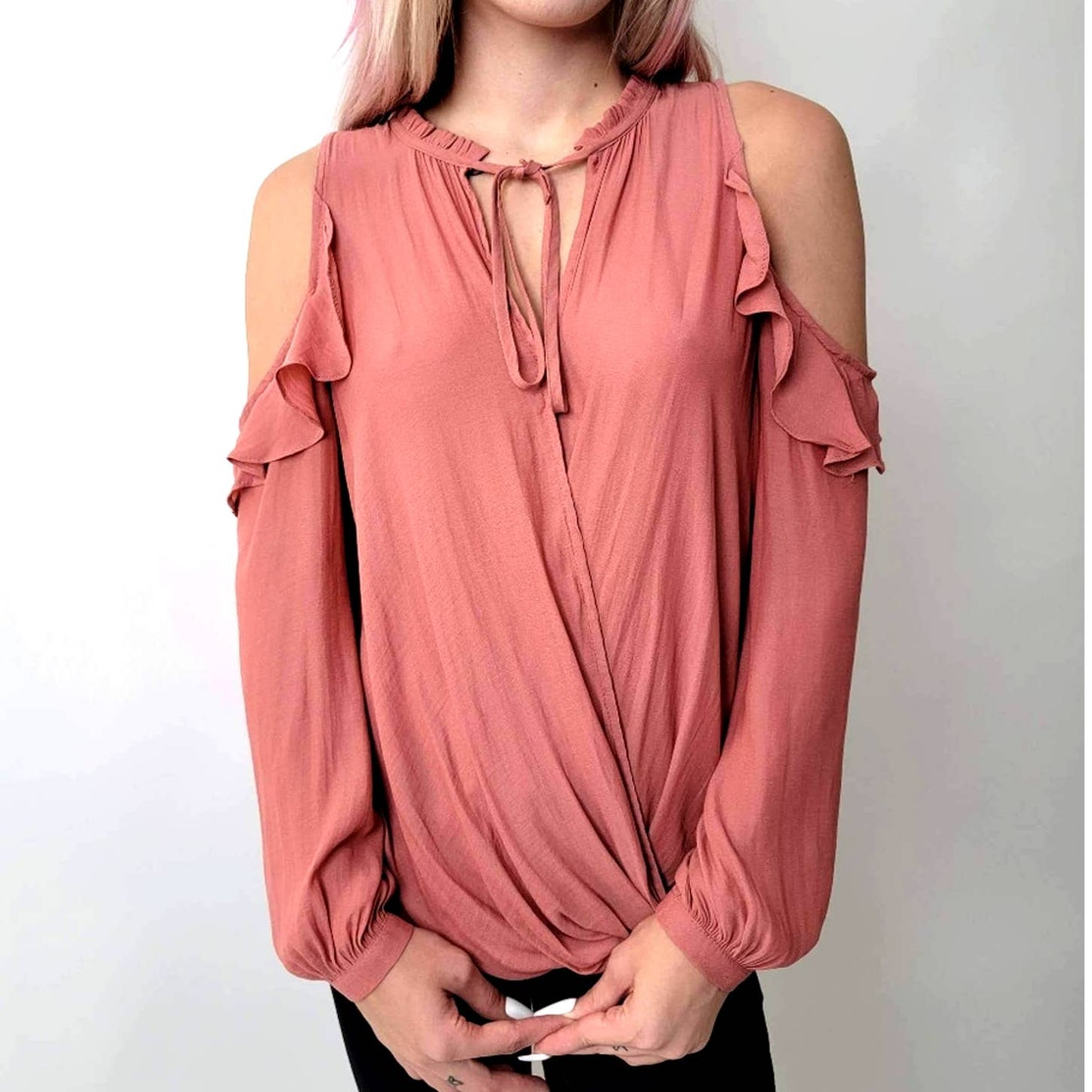 Anthropology Maeve Liesel Salmon Blush Pink Cold Shoulder Top - S