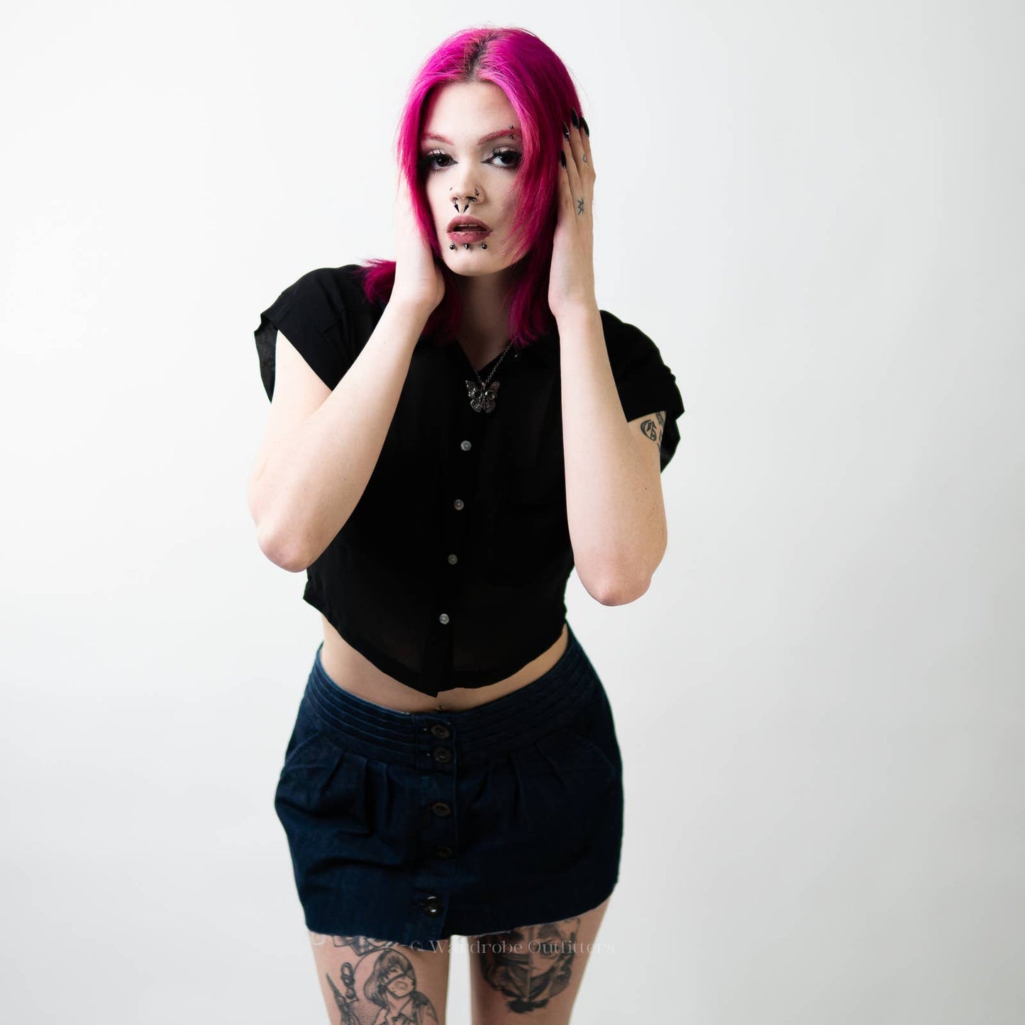 Black Cropped Sheer Short Sleeve Button Down - S