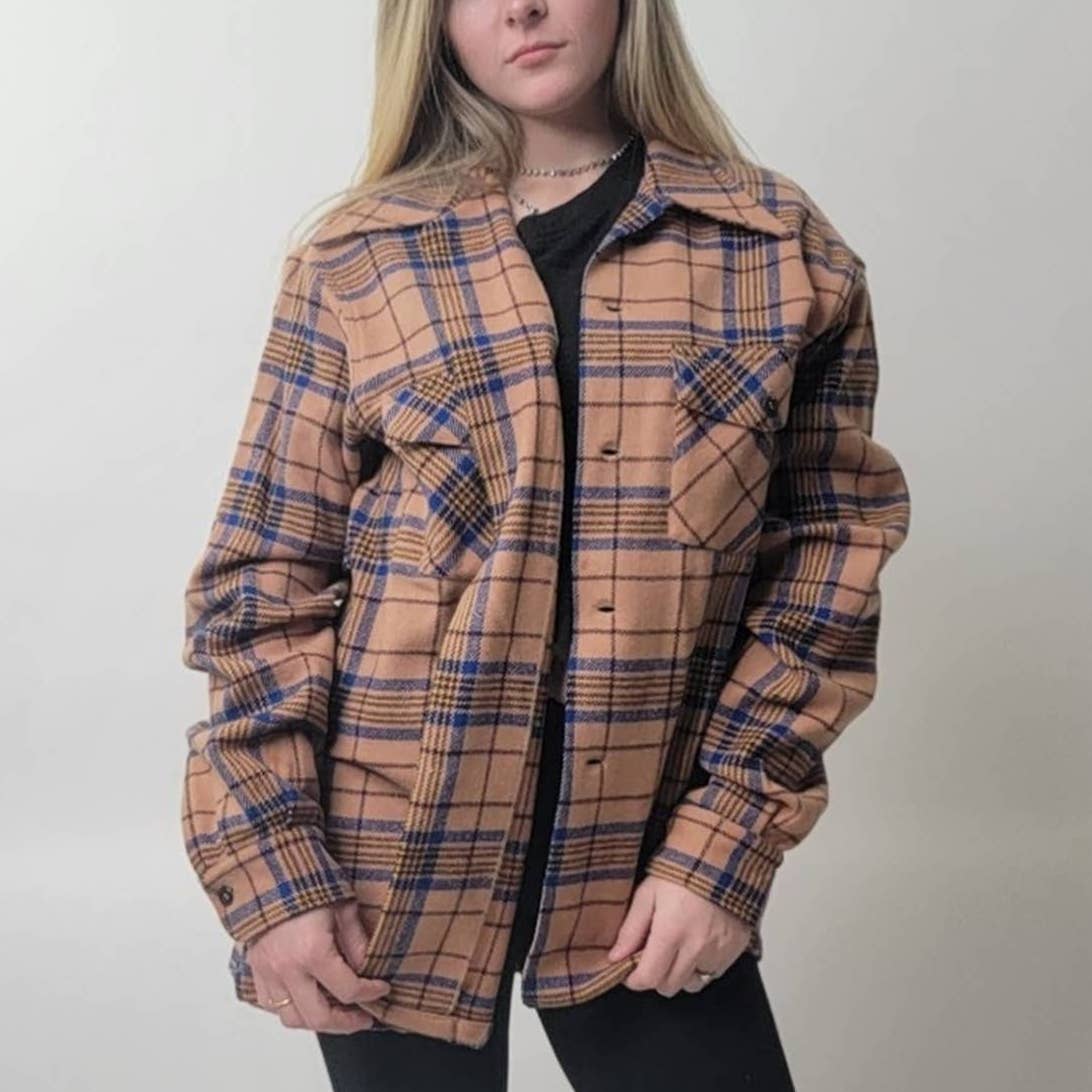 Vintage 70s Mod Wool Scottich Plaid Flannel Long Sleeve Button Down Shirt