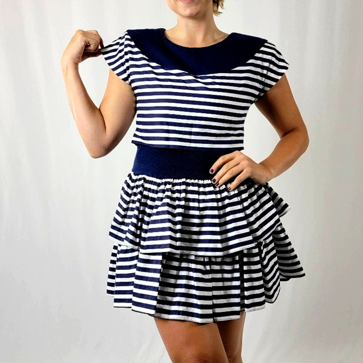 Vintage 80s Diamond’s Run Striped A-Line Ruffle Flare Skirt Dress - M