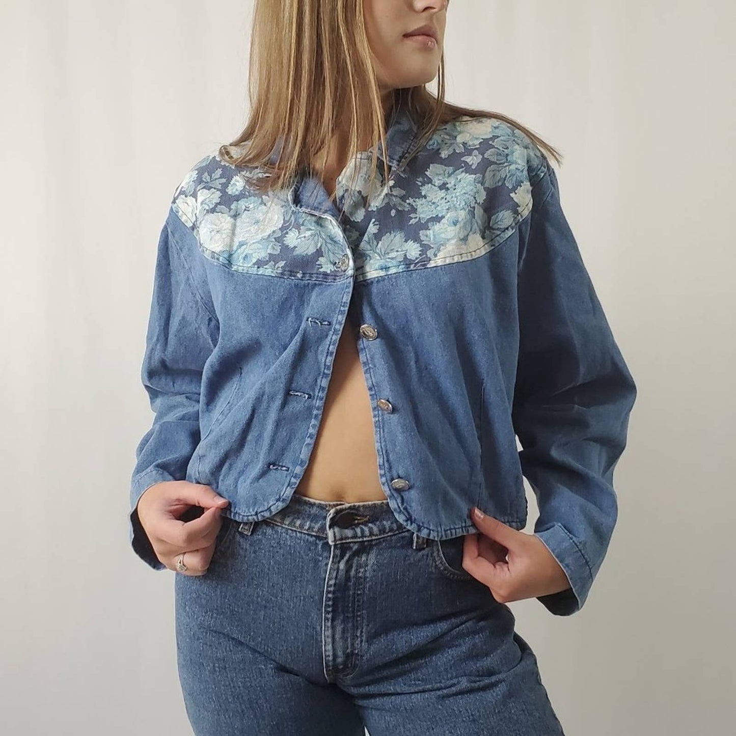 Vintage 90s Floral Western Cropped Denim Shacket Shirt