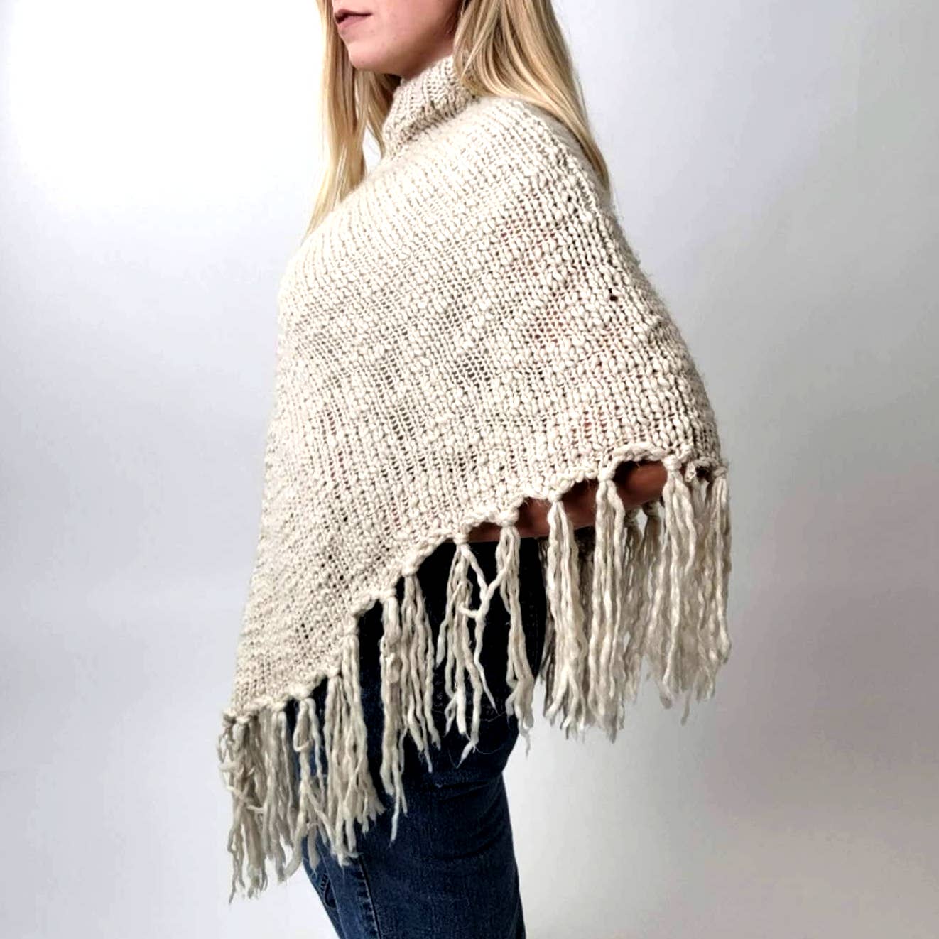 Cejon Cream Colored Western Fringe Tassel Poncho Shaw