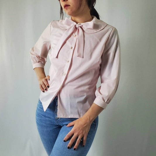 RARE 60s Peter Pan Cropped Sleeve Button Up Blouse - S