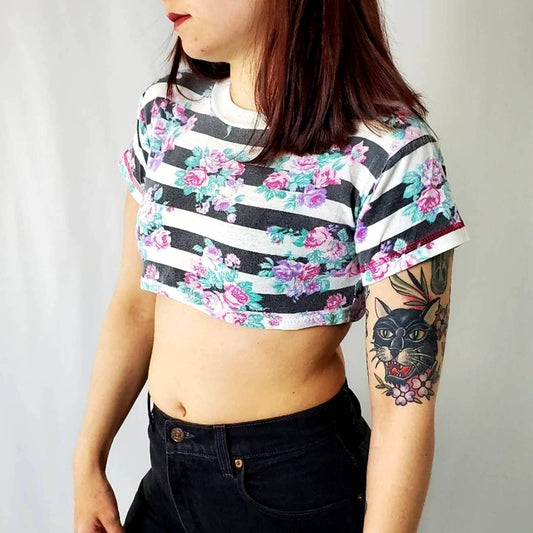 Custom Rare Vtg 80's Baby Mini Cropped Striped Floral Tee