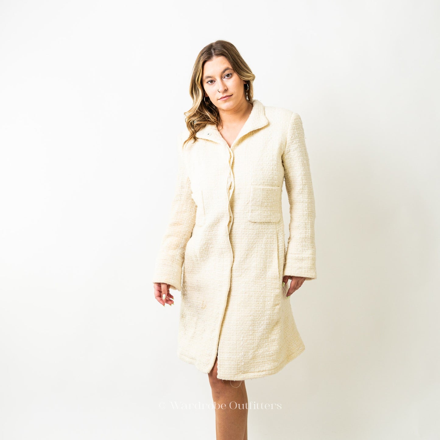Oscar De La Renta White Wool Blend Pea Coat Jacket
