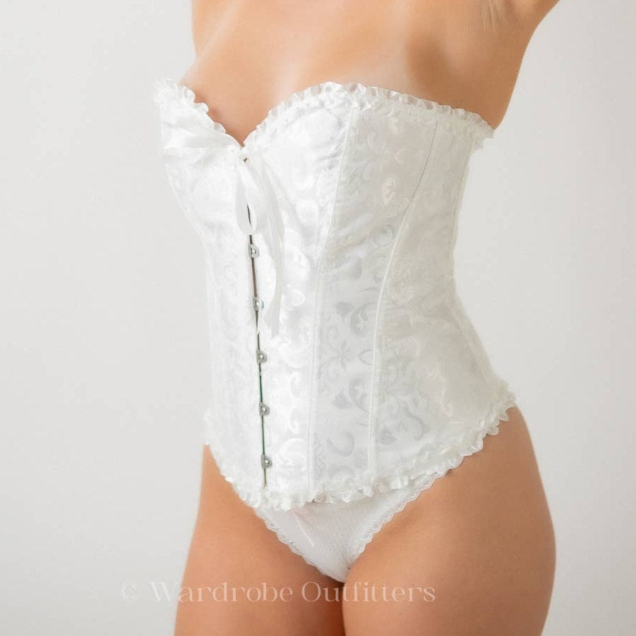 White Lace Up Jacquard Frill Trim Push Up Corset Lingerie