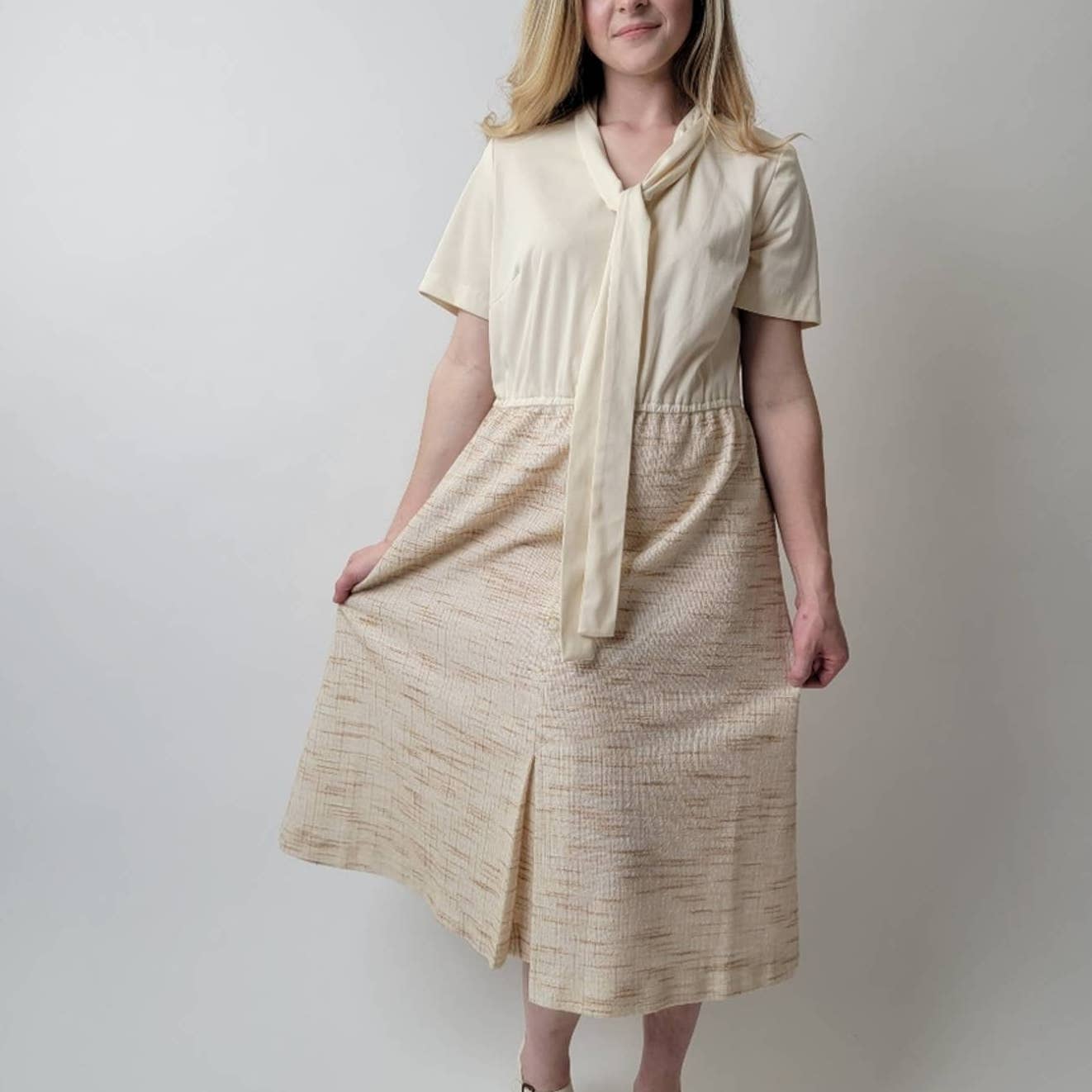 Vintage 60s Creamy Twill Midi Mod Dress