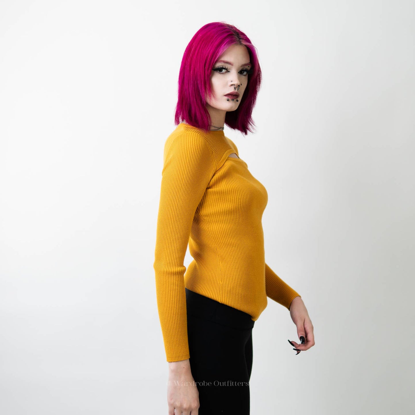 Fall Yellow Ribbed Long Sleeve Smocked Crewneck Sweater - L