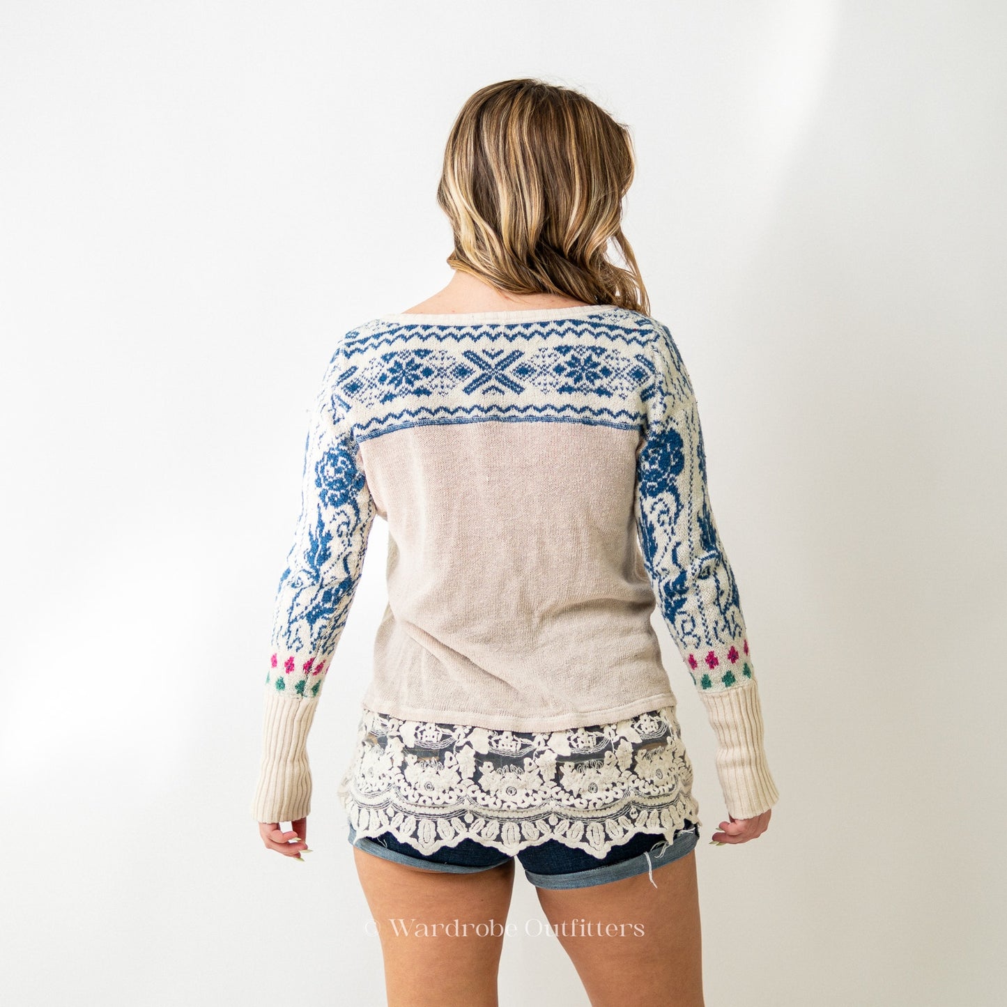 Free People Frilly Lace Long Sleeve Print Sweater