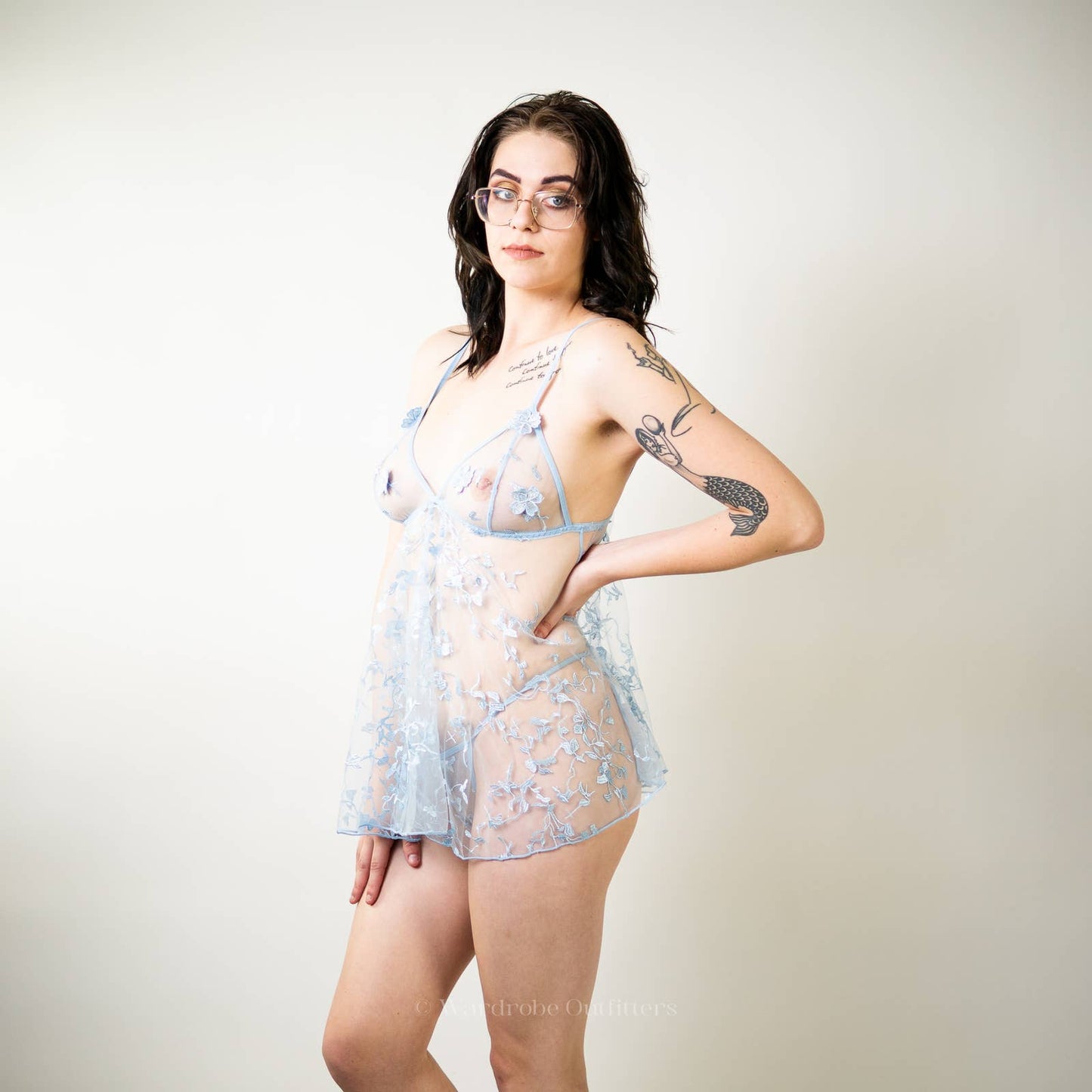 Baby Blue Floral Lace Mesh Slip with Thong Lingerie