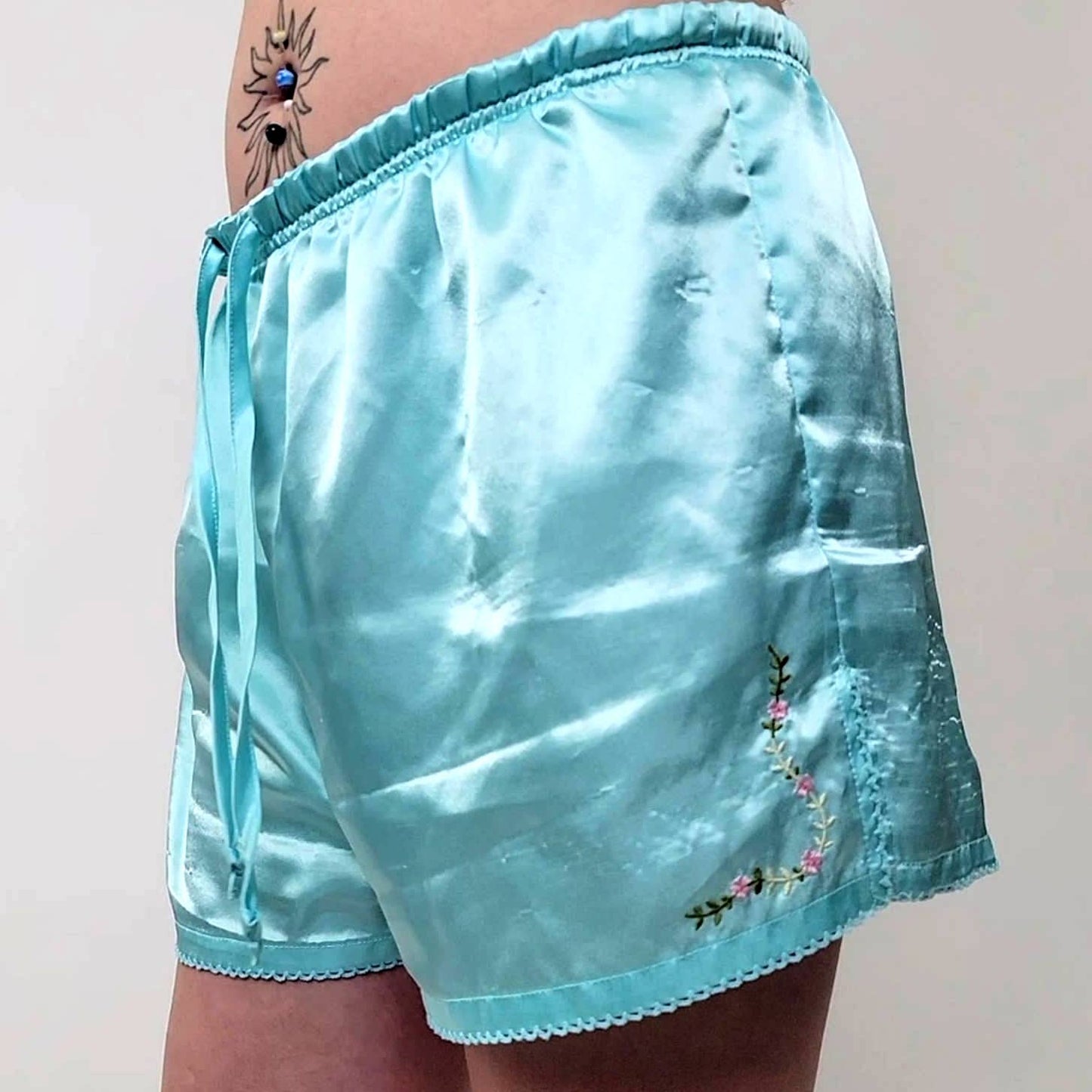 Baby Blue Silky Embroidered Pajama Shorts - M